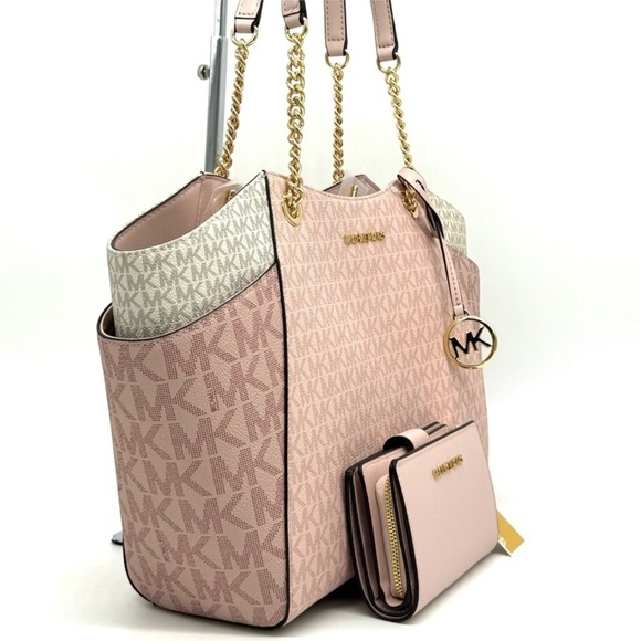 Michael Kors Large JST Chain Shoulder Bag & Bifold Zip Chain Wallet Powder - Picture 4 of 13